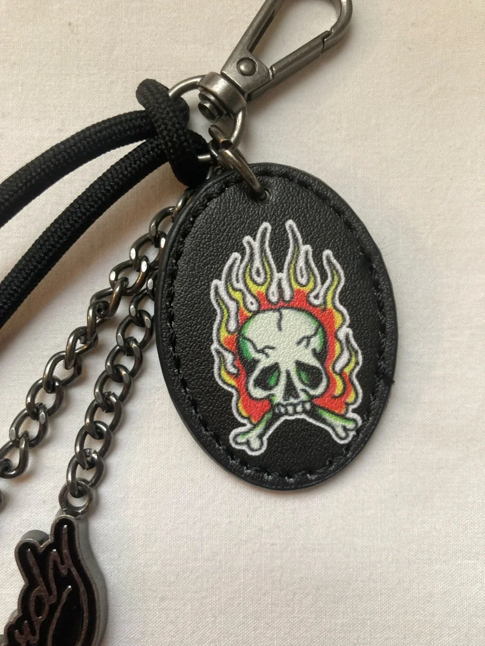 Ed Hardy Black Flame Skull Keychain with Red and Yellow Accent